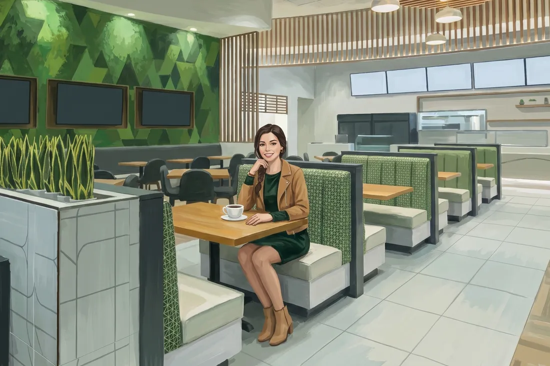 Booths and moss wall at The Kitchen, ACE Casino Airport