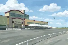 Century Downs building across the empty track