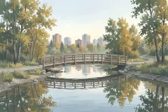 Footbridge over the Elbow River in the morning