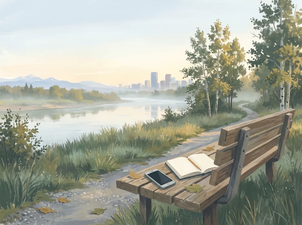Phone and an open notebook on a park bench