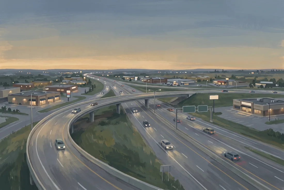 Highway interchange and low buildings at dusk