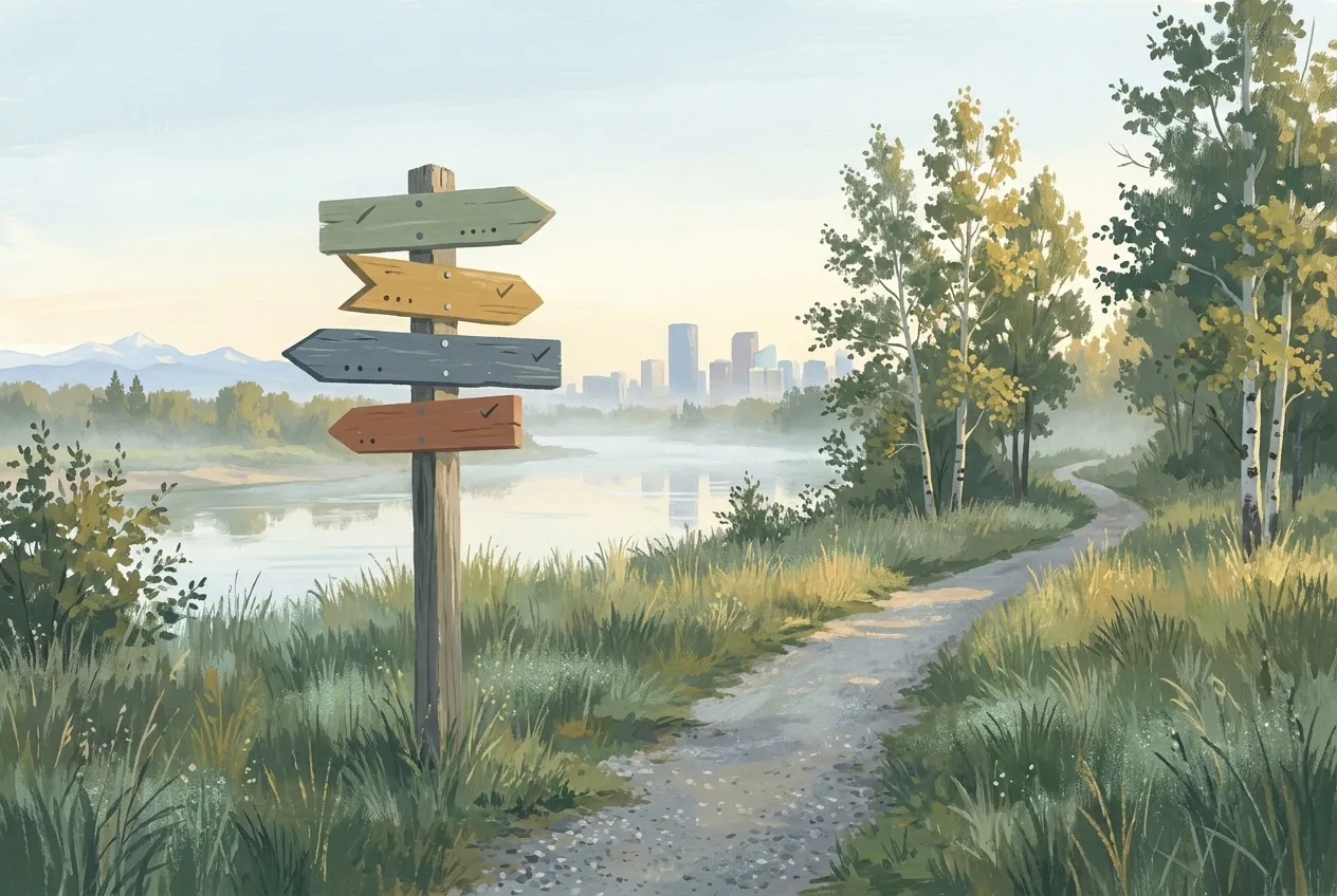 Trail signpost by a river pathway, city towers beyond
