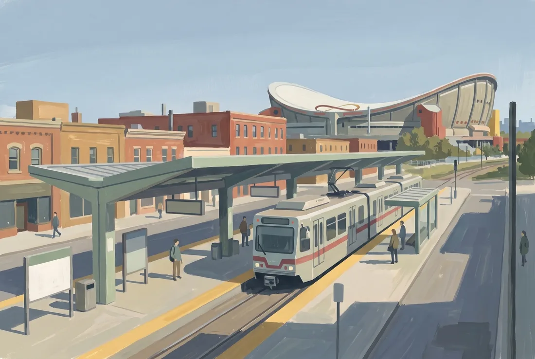 Light-rail station with an arena roof beyond